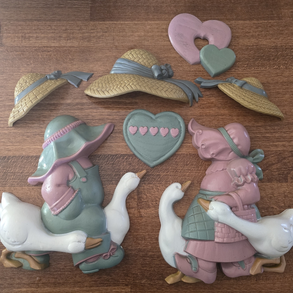 Vintage Burwood Boy/Girl With Goose Wall Decor with Hats and Hearts 7 Pieces